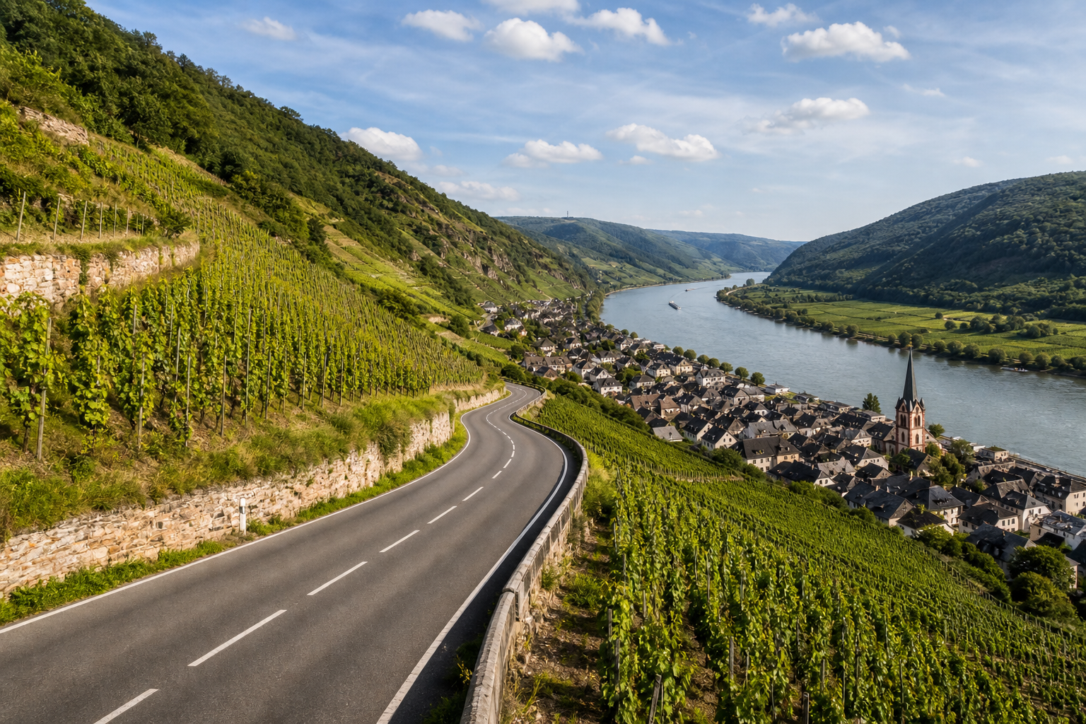 Strasse durch Weinberge oberhalb des Rheins